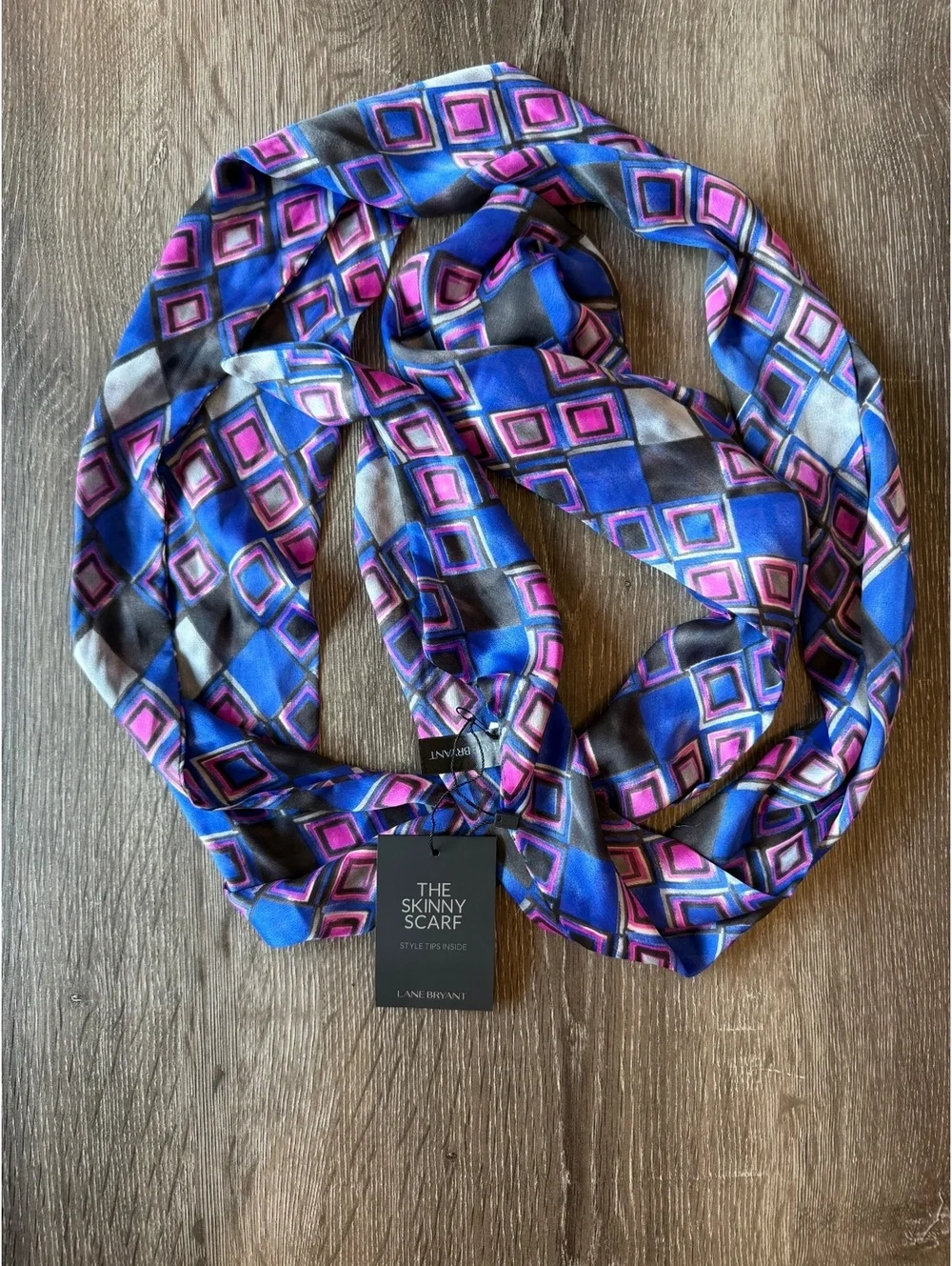 NWT Lane Bryant Skinny Scarf Blue Pink Geometric Satin
